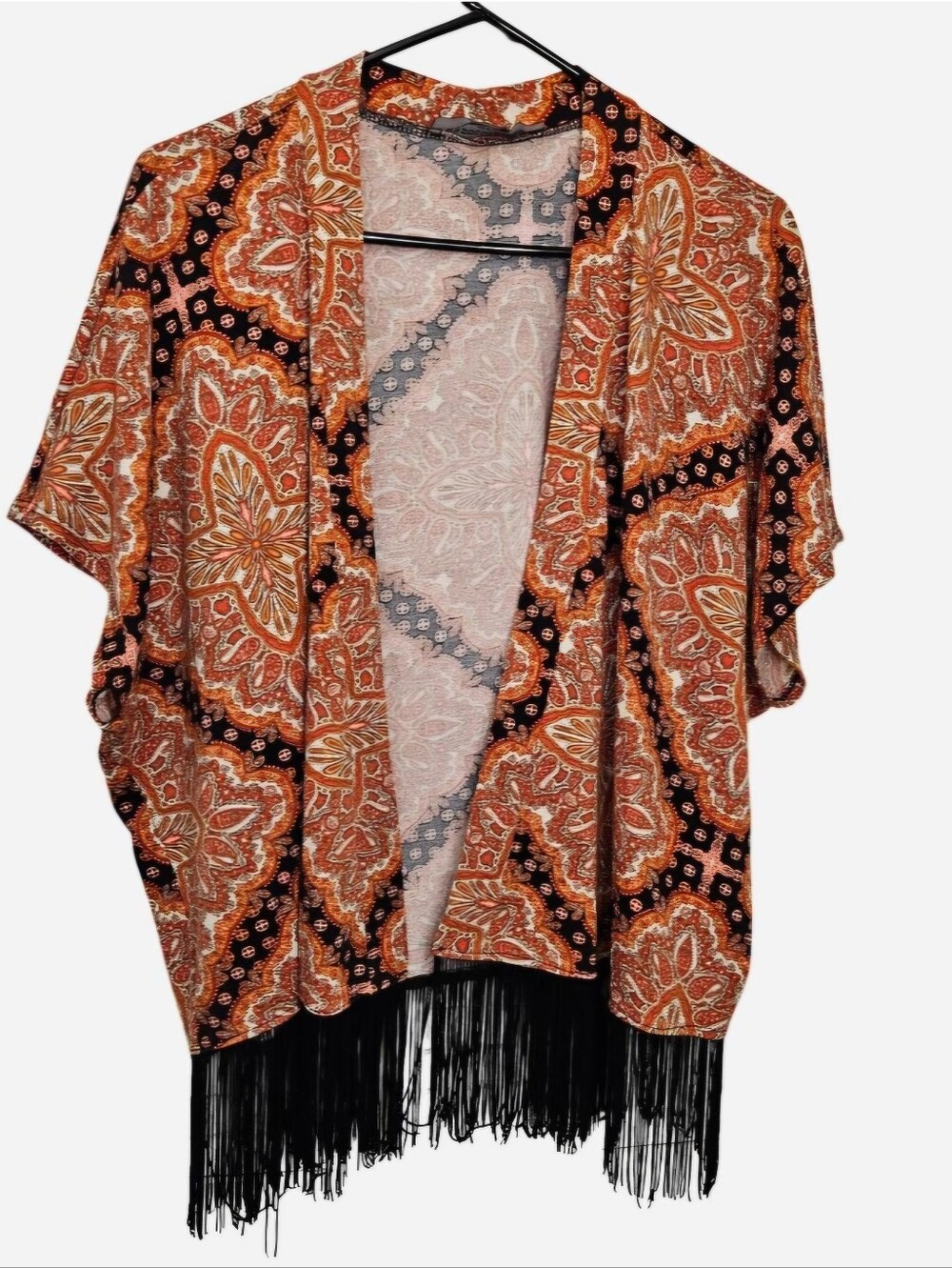 Absolute Angel Orange & black paisley cardigan kimono with fringe One Size